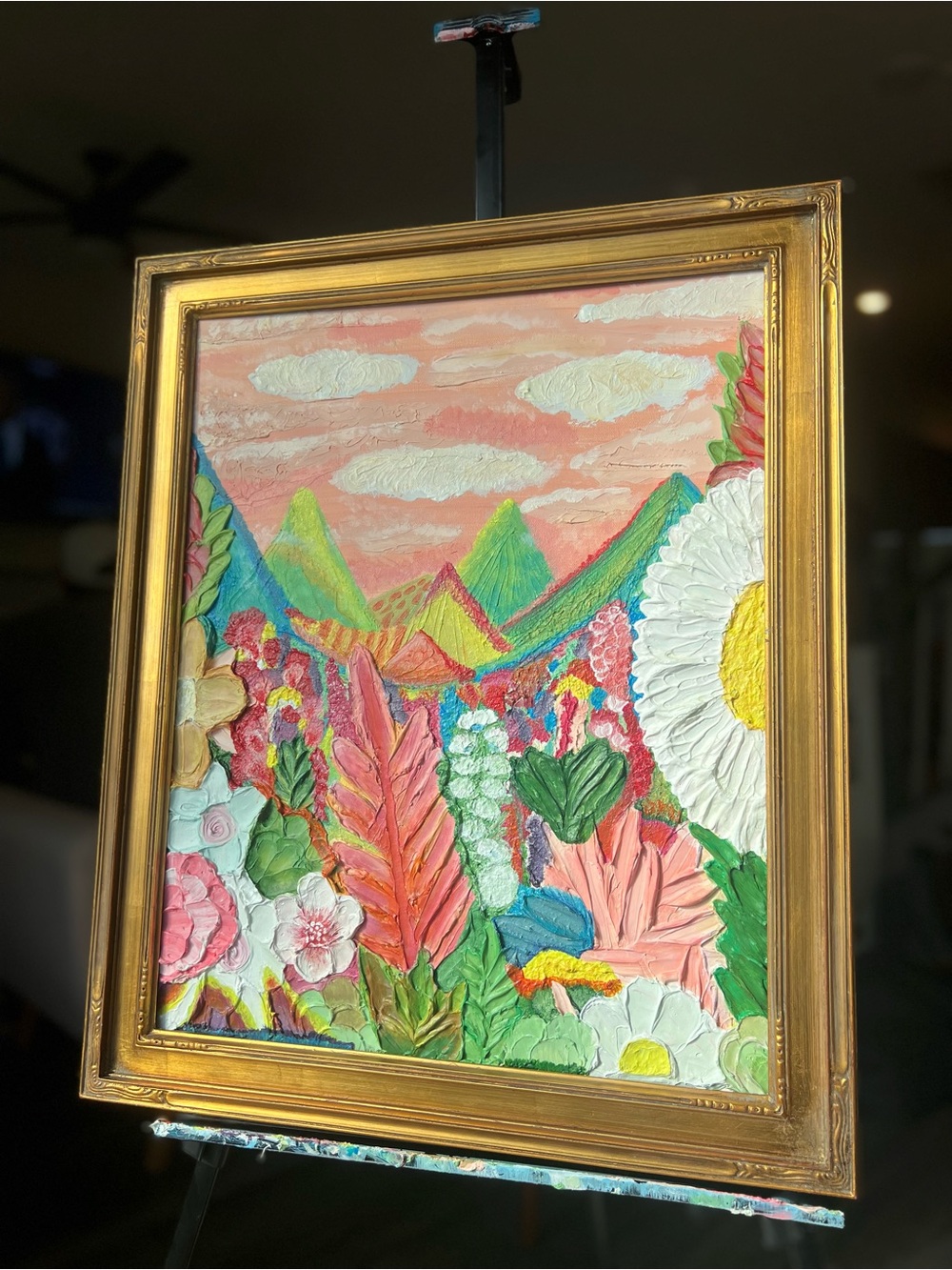 Textured Floral Landscape Painting in Peach, Pink & Green - Picture 6 of 10